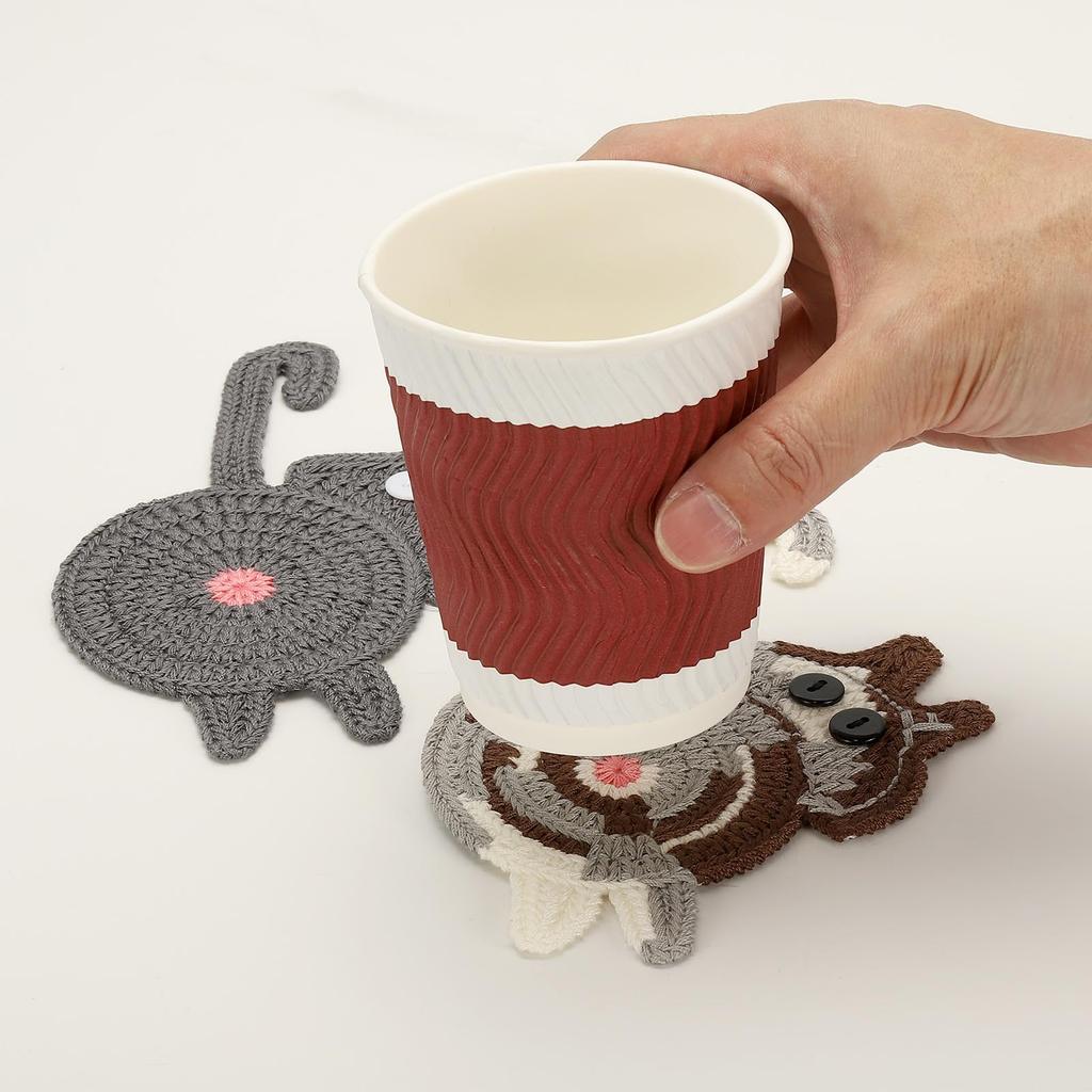 PATIKIL 3-Piece Cat Coaster Set, 15cm Cute Crocheted Cat Coasters, Desk Coaster for Adults, Home Decor, Drink Gift, Coffee, Pink Tone