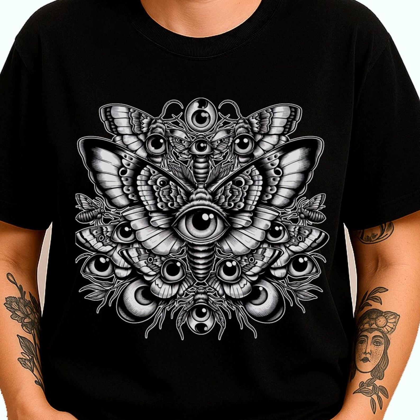 Weird Moths Eyeballs T-Shirt | Weirdcore Insects Tee | Dark Gothic Cryptid Gift M