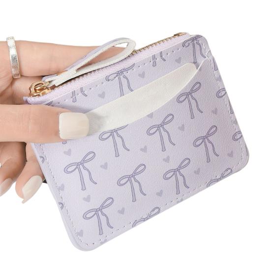 Damen Kartenhalter Faux Leder Geldbörse mit mehreren Kartenschlitzen Reißverschlusstasche Herz Schleife Muster Kartenetui für Mädchen