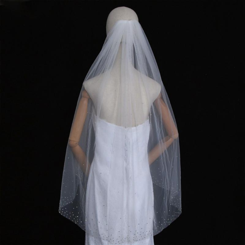 1 Tier Wedding Bridal Veil with Comb Sparkling Rhinestones Adornment Short Fingertip Length Cut Edge Tulle Veil