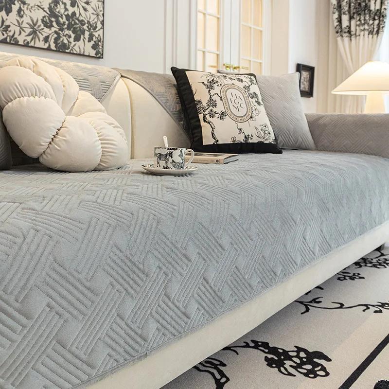 Simple Solid Color Style Sofa Towel Thick Plush Non-Slip Couch Slipcover Anti Pet Scratch Sofa Protector for Living Room Home