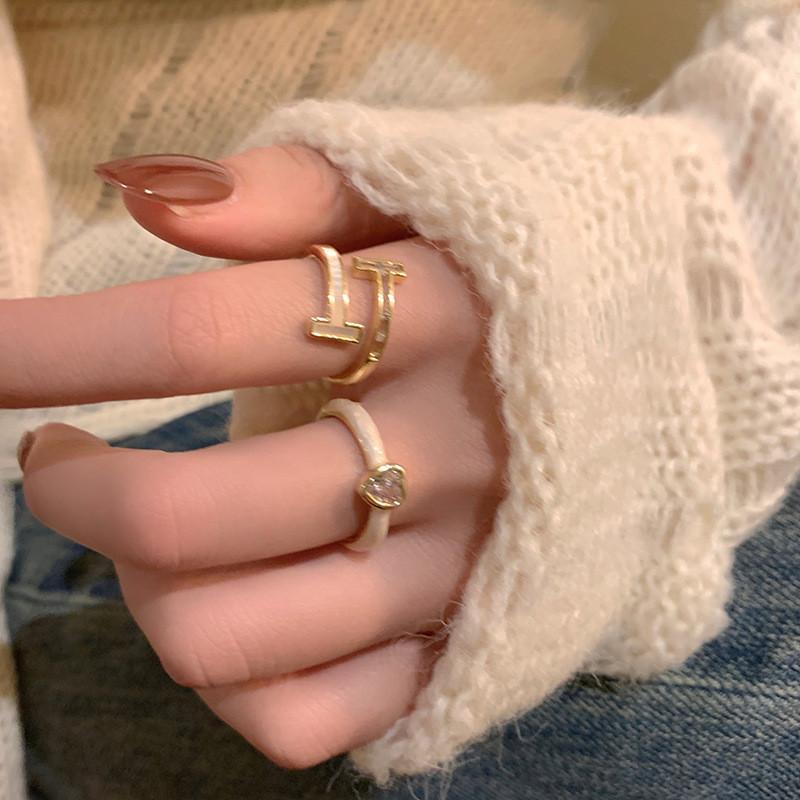 2023 Chic Ins Style Double Layer Drip Glazed Heart Zircon Ring Women For