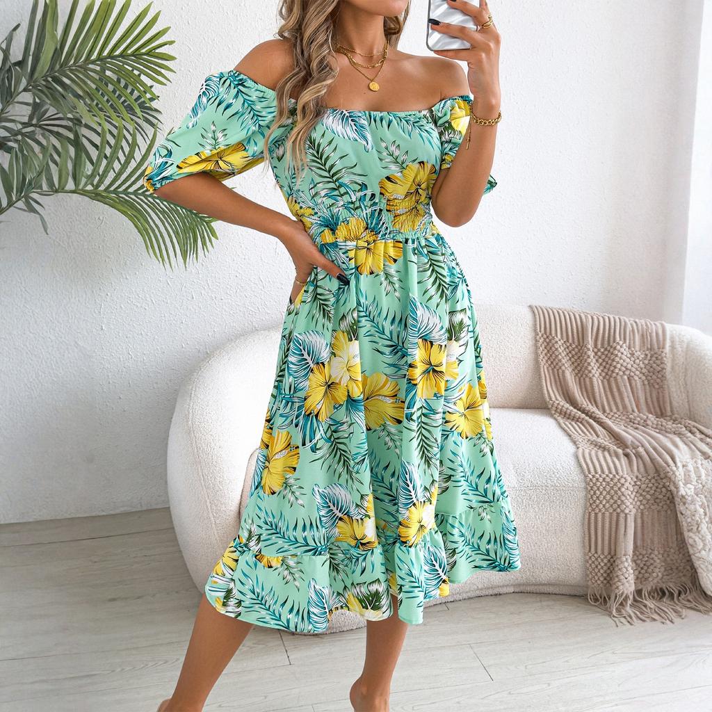 Women's Fashionable Floral Print Off Shoulder Short Sleeved Ruffle Edge Holiday Beach Loose Dress