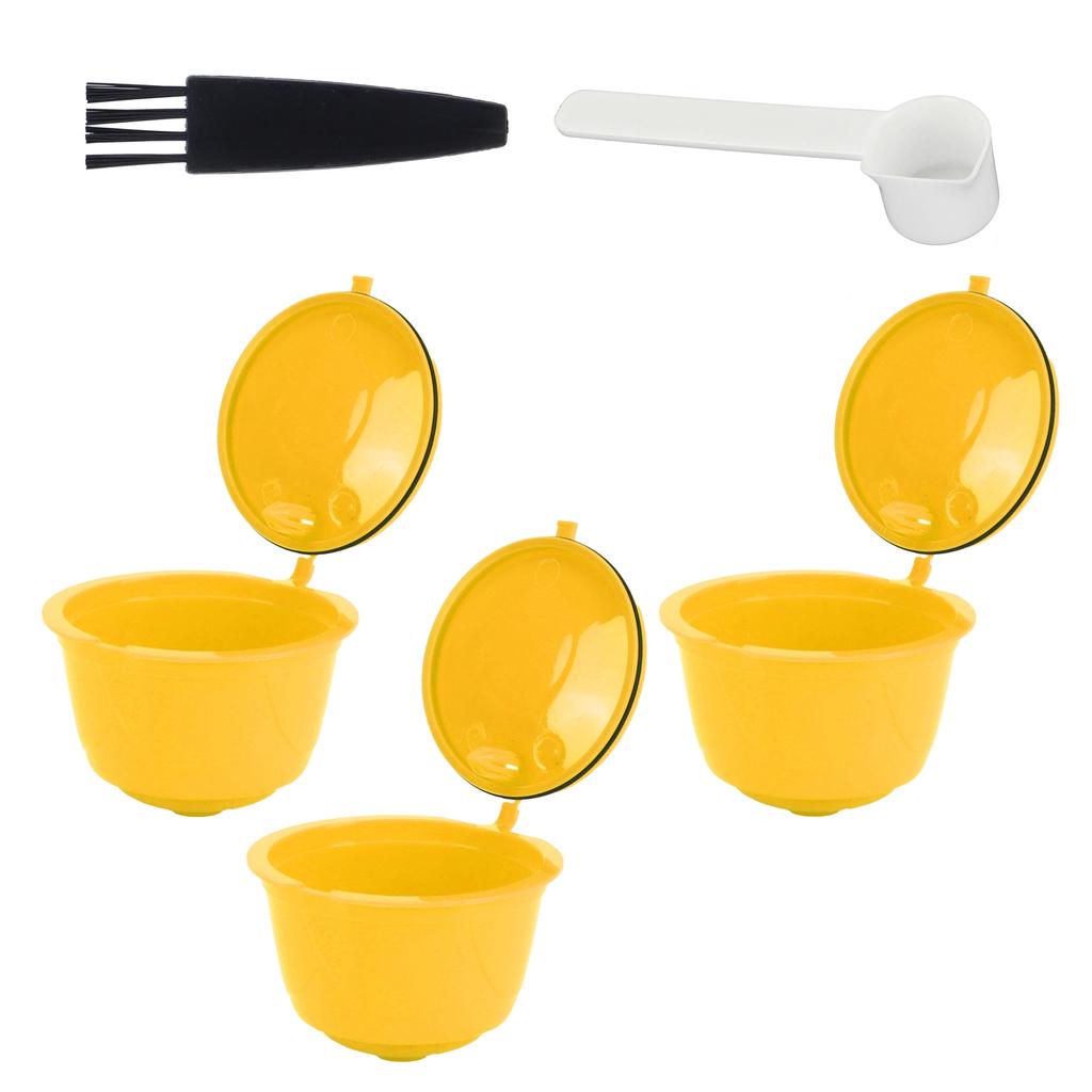 Coffee Machine Capsule Kit Reusable Coffee Filter Cup Accessories Fit for DOLCE GUSTO(Yellow 3 Capsules1 Spoon 1 Brush)