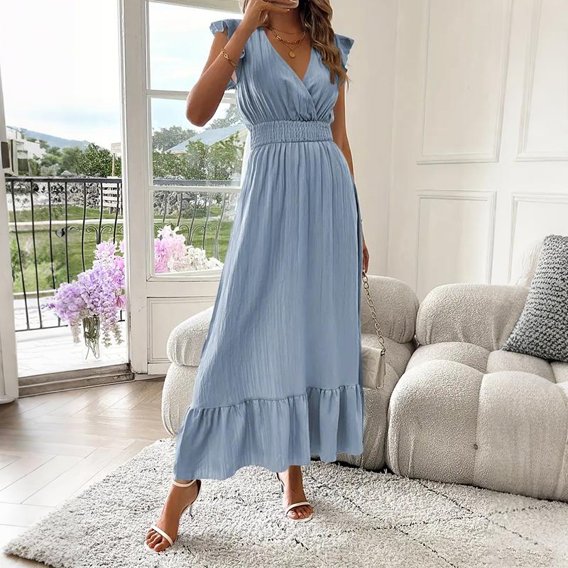 Women Summer Ruffles Short Sleeve V Neck Solid Color Holiday Beach One Piece Dress