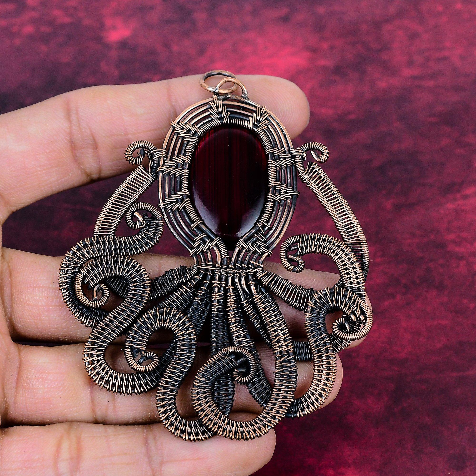 Red Fire Labradorite Pendant Copper Wire Wrap Jewelry Gemstone Octopus Pendant