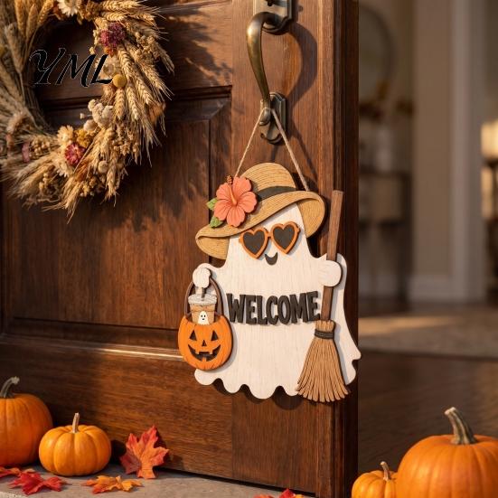 Halloween Party Supplies Ghost Welcome Door Hanger, Cute Wooden Sign with Witch Hat & Pumpkin Wall Elements, Fall Indoor Outdoor Decor for Holiday