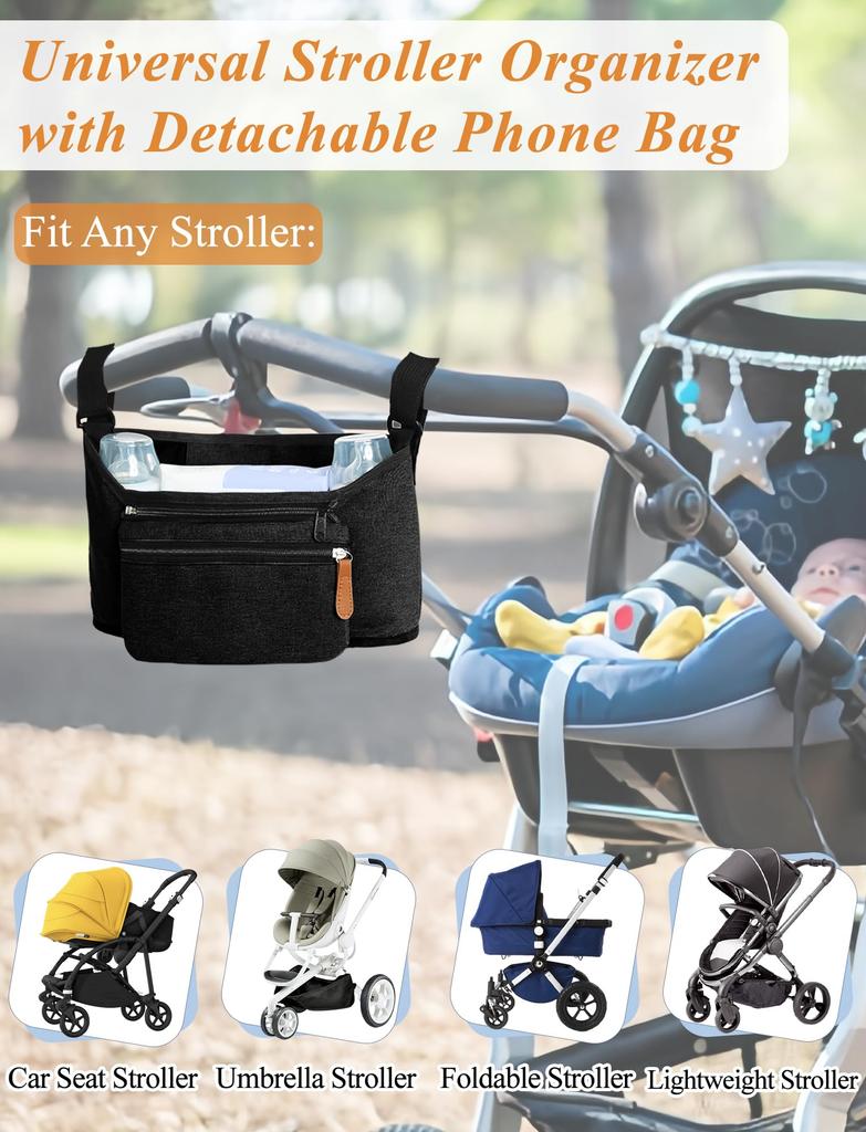 Maeau Stroller Bag, Large Capacity, Water-Repellent, Diaper Pouch, Smartphone Storage Pocket, Multi-Functional, Crib/Stroller Hanger #A