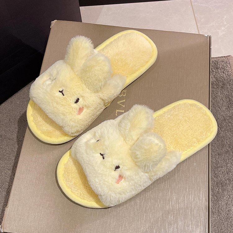 Fashion 2025 Autumn New Home Cartoon Rabbit Cotton Slippers Female Flat Bottom Plush Solid Color Soft Indoor Slides Casual Women's Shoes