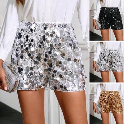 Sequin Shorts for Women Elastic Waist Straight Leg Sparkly Party Mini Shorts High Waist Shiny Nightclub Outfits