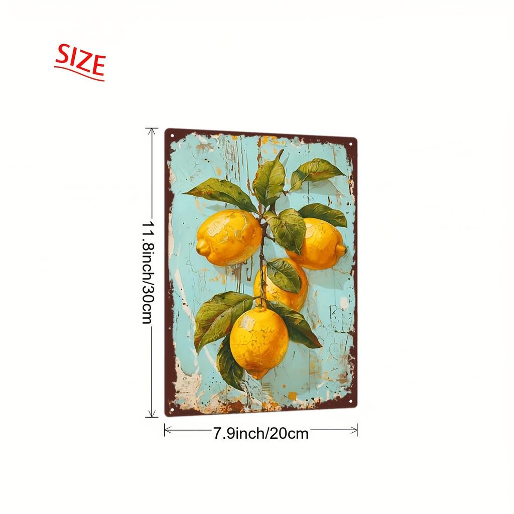 2D Flat - Vintage Lemon Branch Metal Sign - Rustic 8x12 Inch Wall Art with Realistic Lemons & Dappled Background, Perfect for Li