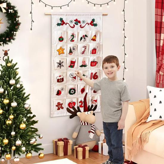 Látkový vánoční adventní kalendář s více kapsami Snadné zavěšení Odpočítávací adventní kalendář 24 dní Závěsná úložná taška