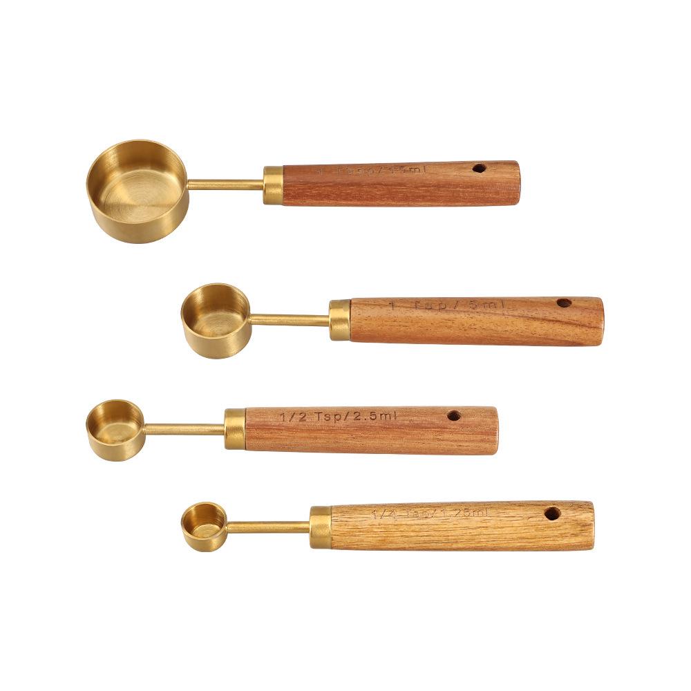 8-Piece Stainless Steel Measuring Cup & Spoon Set with Titanium Gold & Wooden Handles