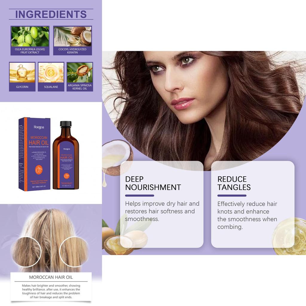 Hoegoa Moroccan Hair Oil Nourishing Hydrating Treatment For Smooth Frizz-free Hair