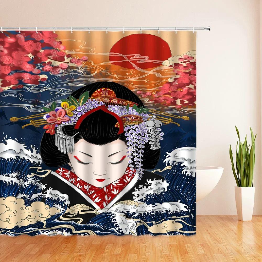 Duschvorhang im japanischen Stil 3D-Tuschemalerei Badezimmervorhang Wasserdicht mit Haken 180*240CM Duschvorhang Polyestergewebe