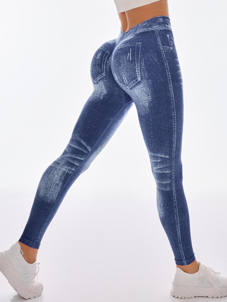 Nahtlose High-Waist Po-Lifting Yoga-Hose für Damen - Schnelltrocknend, Schlankmachend, Enganliegend im Denim-Stil für Laufen & Fitness