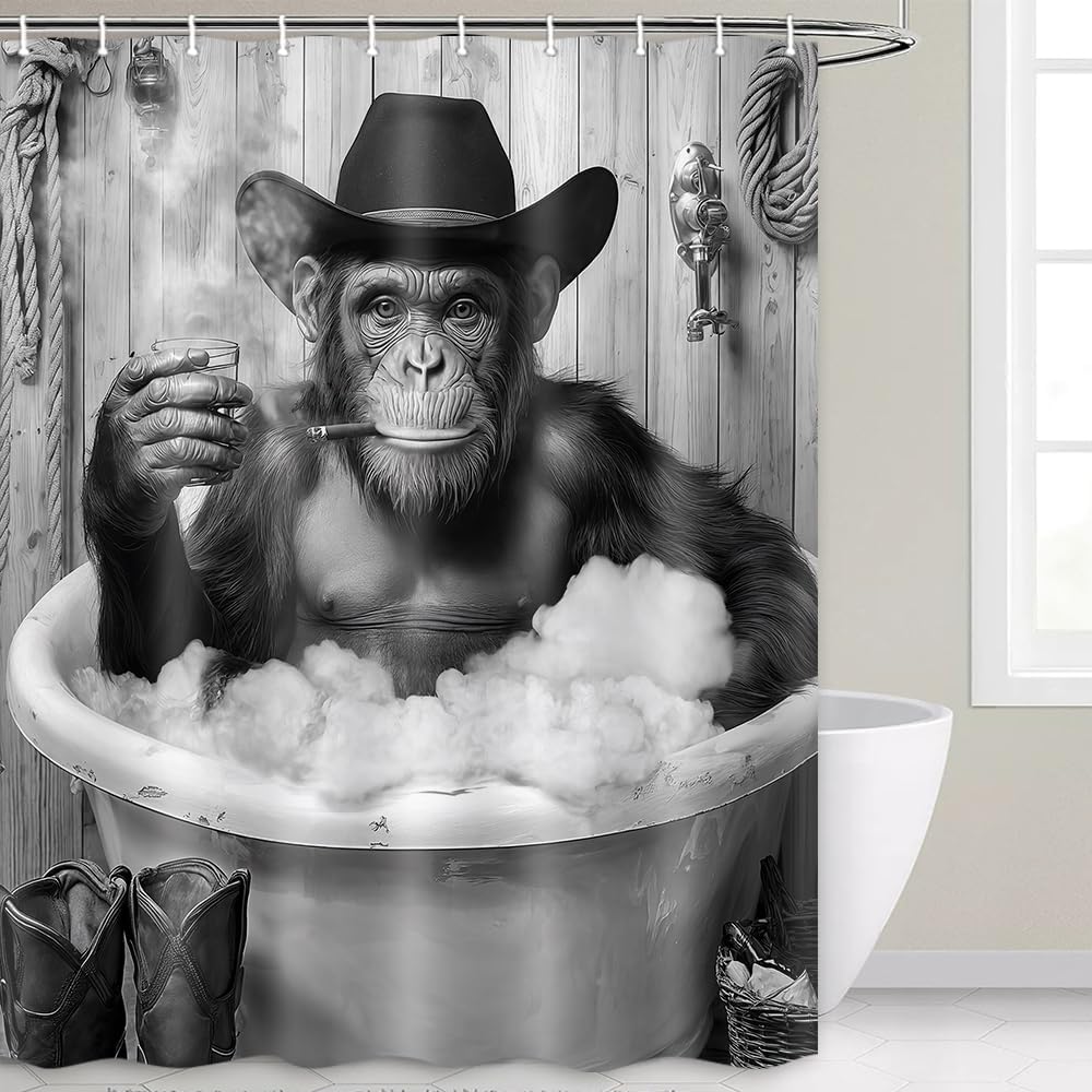 Funny Monkey Shower Curtain Black White Fun Western Cowboy Gorilla Bathtub Farmhouse Rustic Cool Animal Funky Chimpanzee