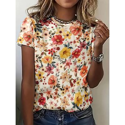 Women Floral Pattern Casual T-Shirts Short Sleeve 3d Flower Printed Classics Ladies T Shirt Summer O-Neck Tops