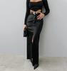 Fashionable PU Leather Solid Color Splicing Design Sense High Waist Slit Slim Fit Long Skirt