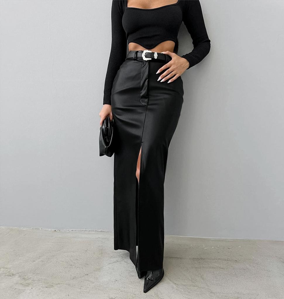 Fashionable PU Leather Solid Color Splicing Design Sense High Waist Slit Slim Fit Long Skirt