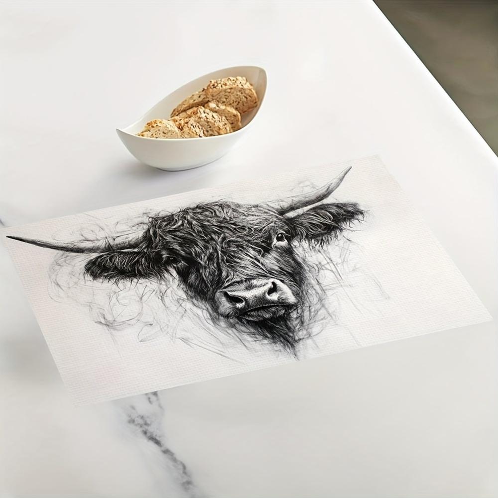 A Set of 4 Placemats Depicting Fluffy Highland Cattle, Perfect for Farmhouse-style Decor. These Washable Placemats Are Suitable for Outdoor Use and