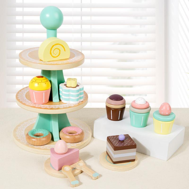 Kids Wooden Dessert Shelf With Multilayer Design For Imaginative Play Learning