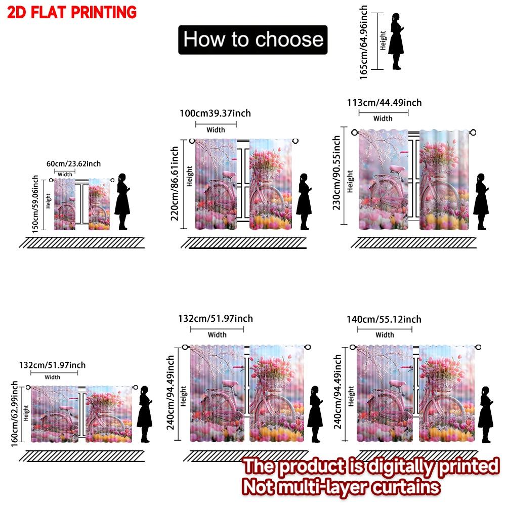 Flat Printing Happy Valentine Day Scene Curtain Pink Bicycle Tulips Digital Printed Polyester Drapes Holiday Curtains Set Of 2 Made