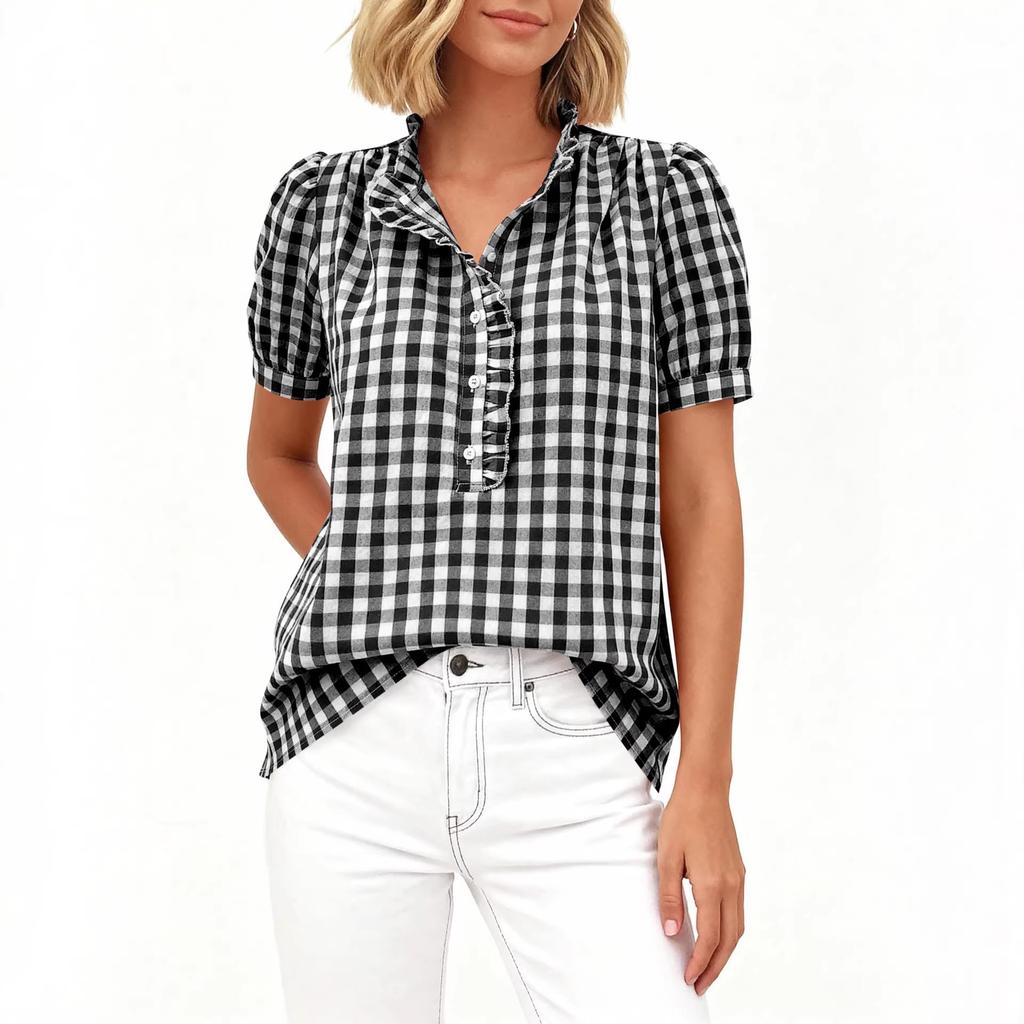 Women Plaid Print Blouse Ruffled Collar Short Sleeve Button Down Casual Shirt