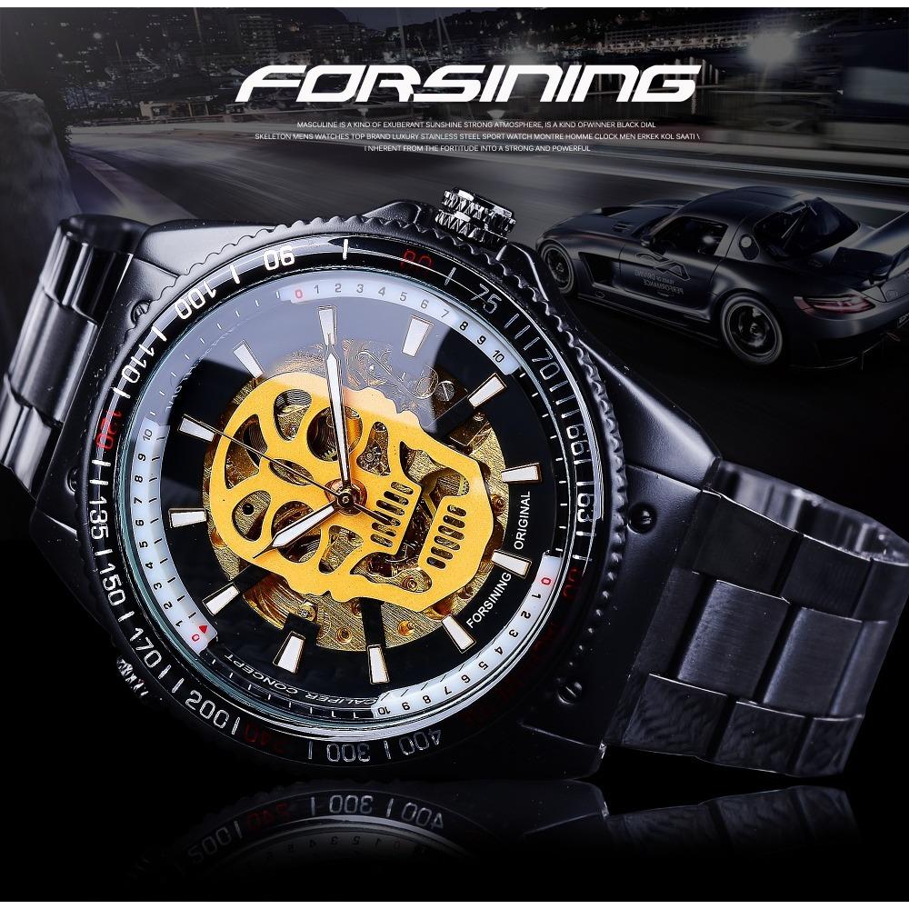 Forsining Men's Fashion Hollow Out Glow-in-the-dark Waterproof Skull Automatic Mechanical Watch