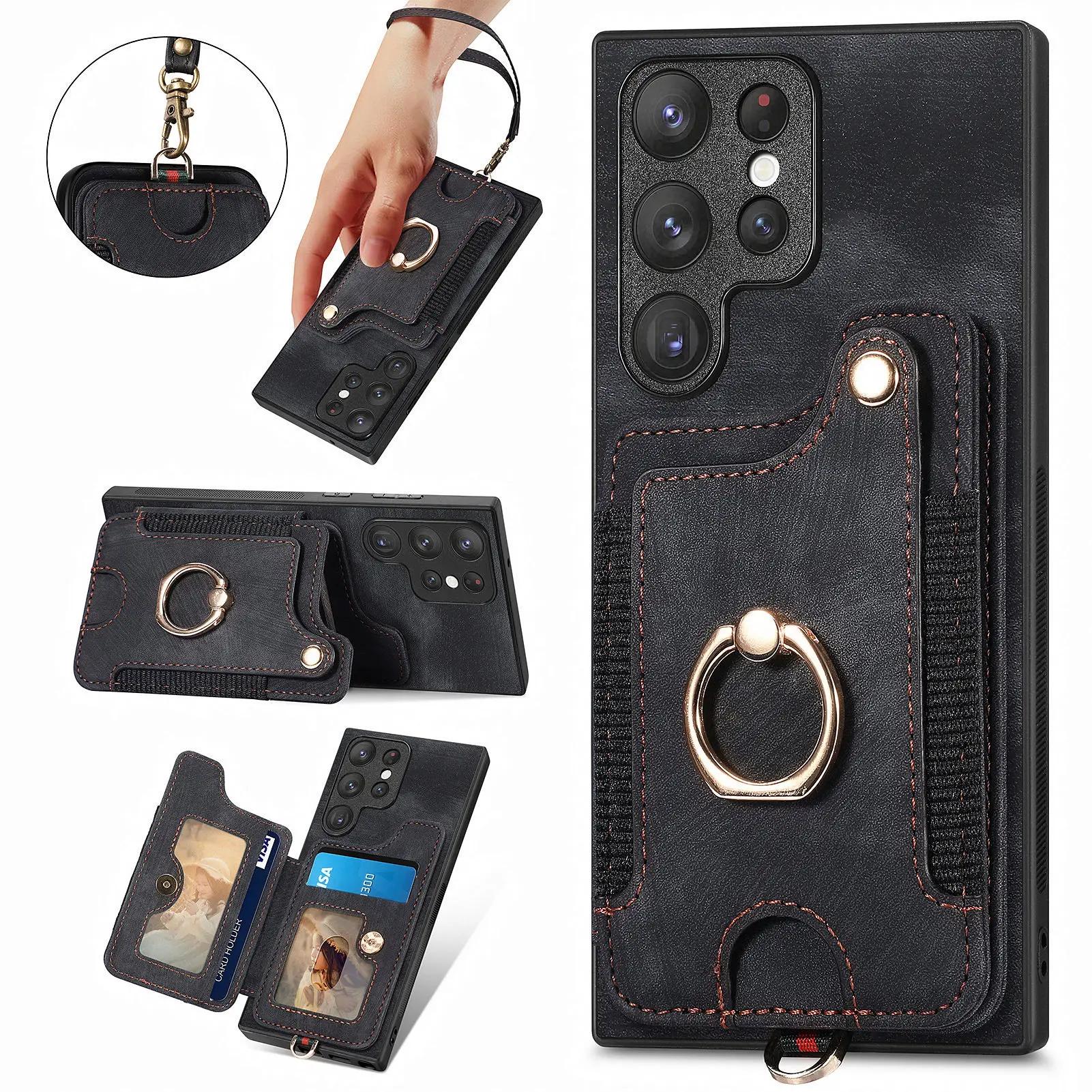 

Ring Lanyard Leather Wallet Card Phone Case for Samsung Galaxy S26 S24 Ultra S23Plus S22 A55 A06 A07 A17 A56 36 Flip Stand Cover Samsung S22 Plus чёрный