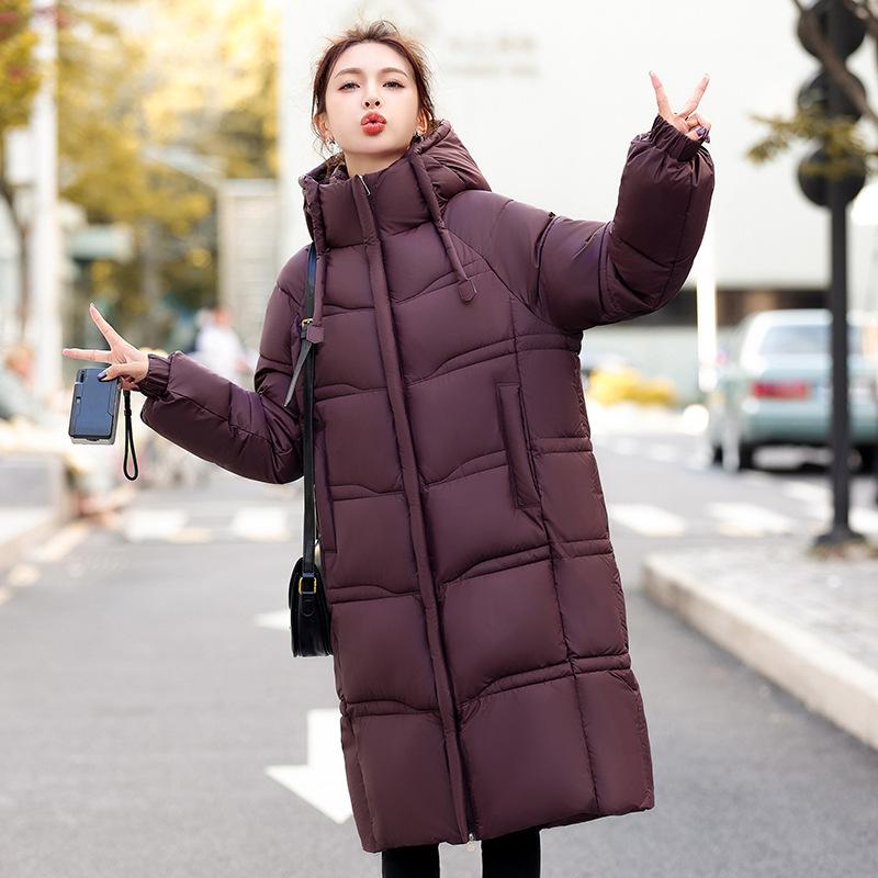 

Корейская версия утолщенная хлопковая куртка на пуху с капюшоном зимняя новая хлопковая куртка на пуху женская длинная куртка до колена XL фиолетовый