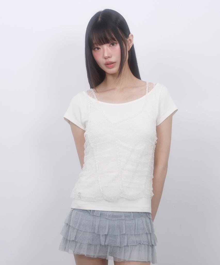 LMR Two-Way Lace Shirred Layered Short Sleeve T-Shirt Cream / Cream