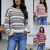 Women Color Block Striped Round Neck Loose Long Sleeve Knit Sweater