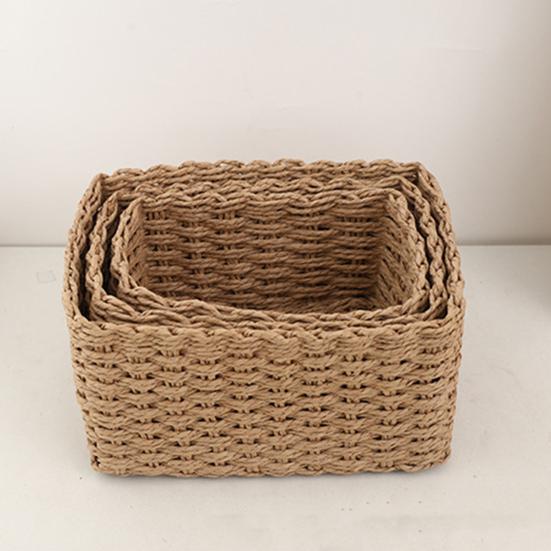 3Pcs Woven Storage Basket Natural Rattan Paper Rope Stackable Square Open Design for Kitchen Bedroom Living Room Bathroom Storage Organizers Home Tidy