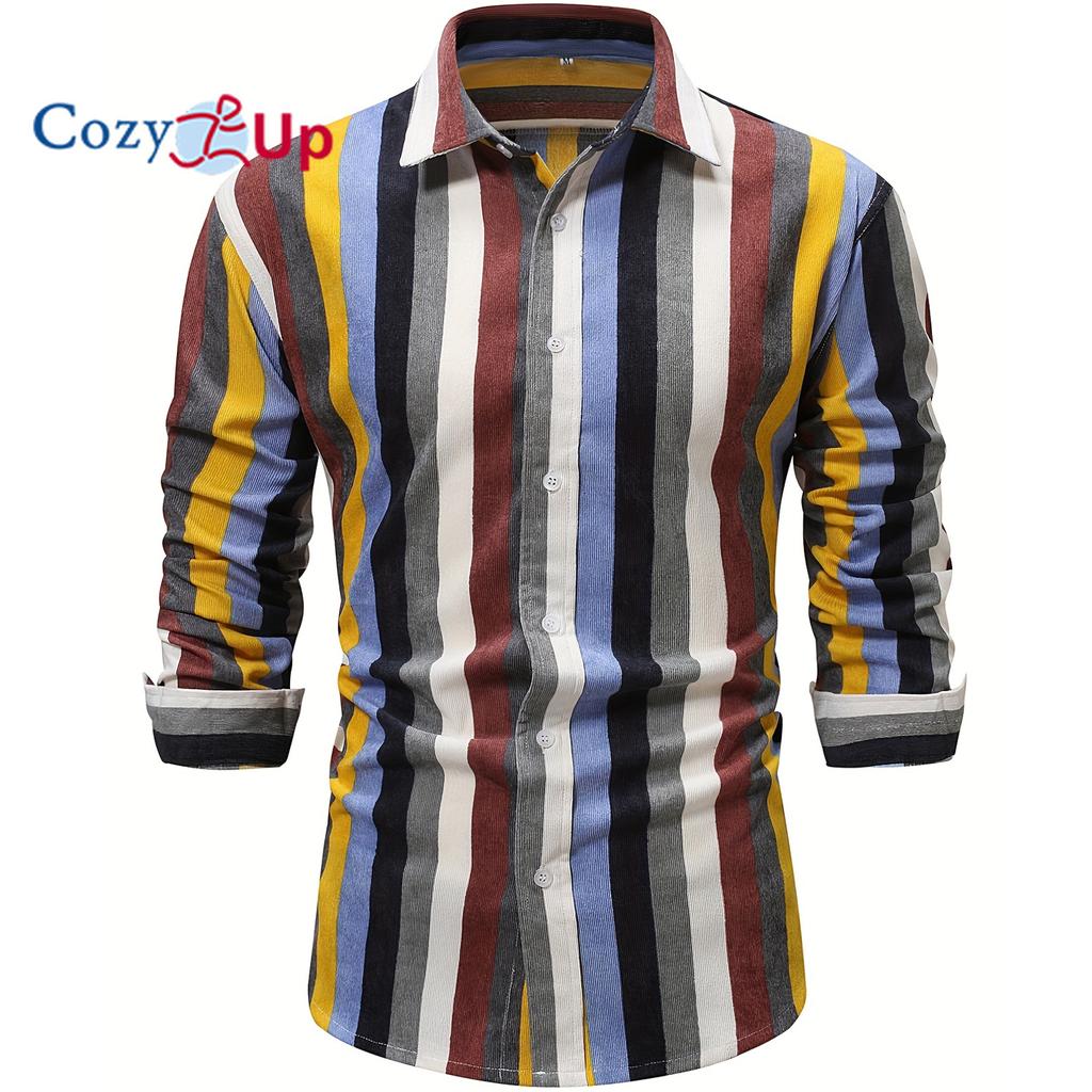 Męska koszulka z długim rękawem i nadrukiem w kolorowe paski, na co dzień zapinana na guziki, gruba koszula męska na wiosenne, letnie, jesienne topy dla mężczyzn