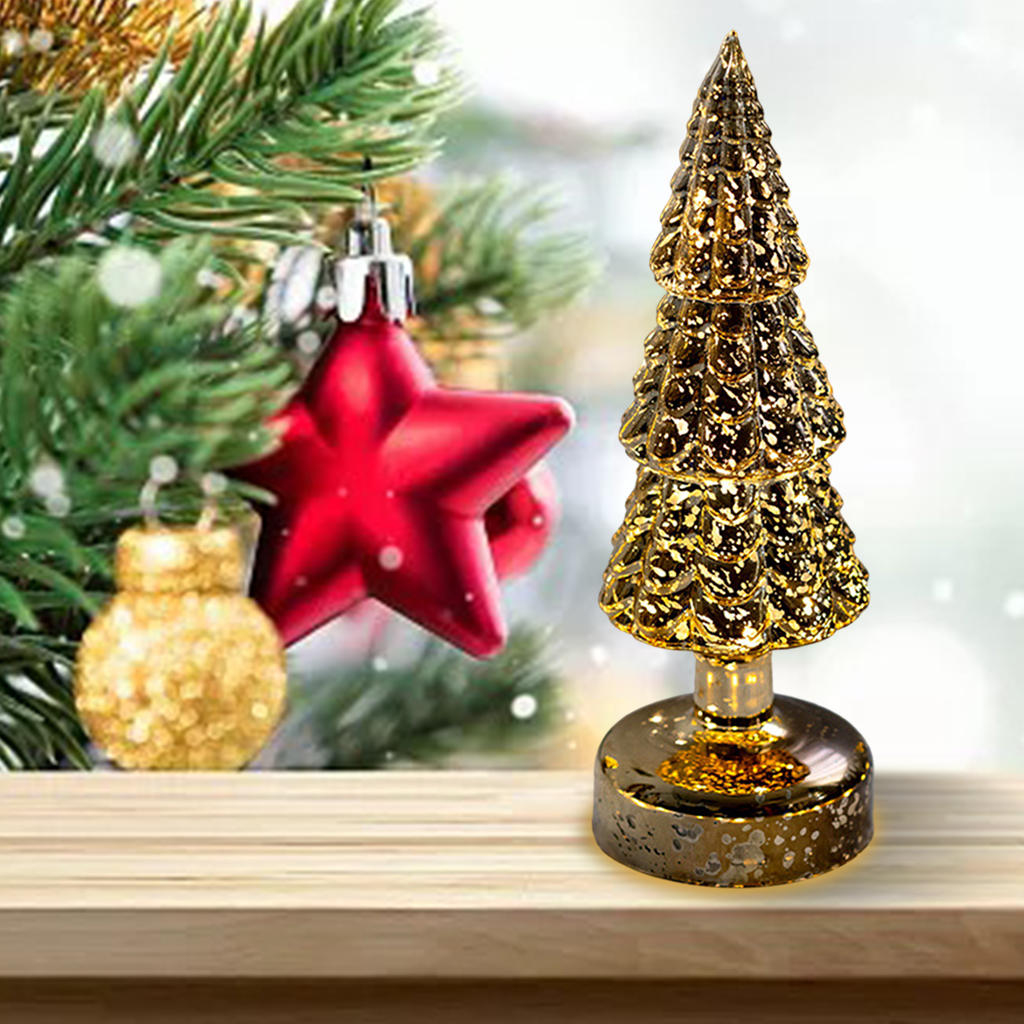 Artificial Glass Christmas Tree with LED Lights Battery (Not Included) Operated Figurine Small Glowing Lamp for Holiday Decor