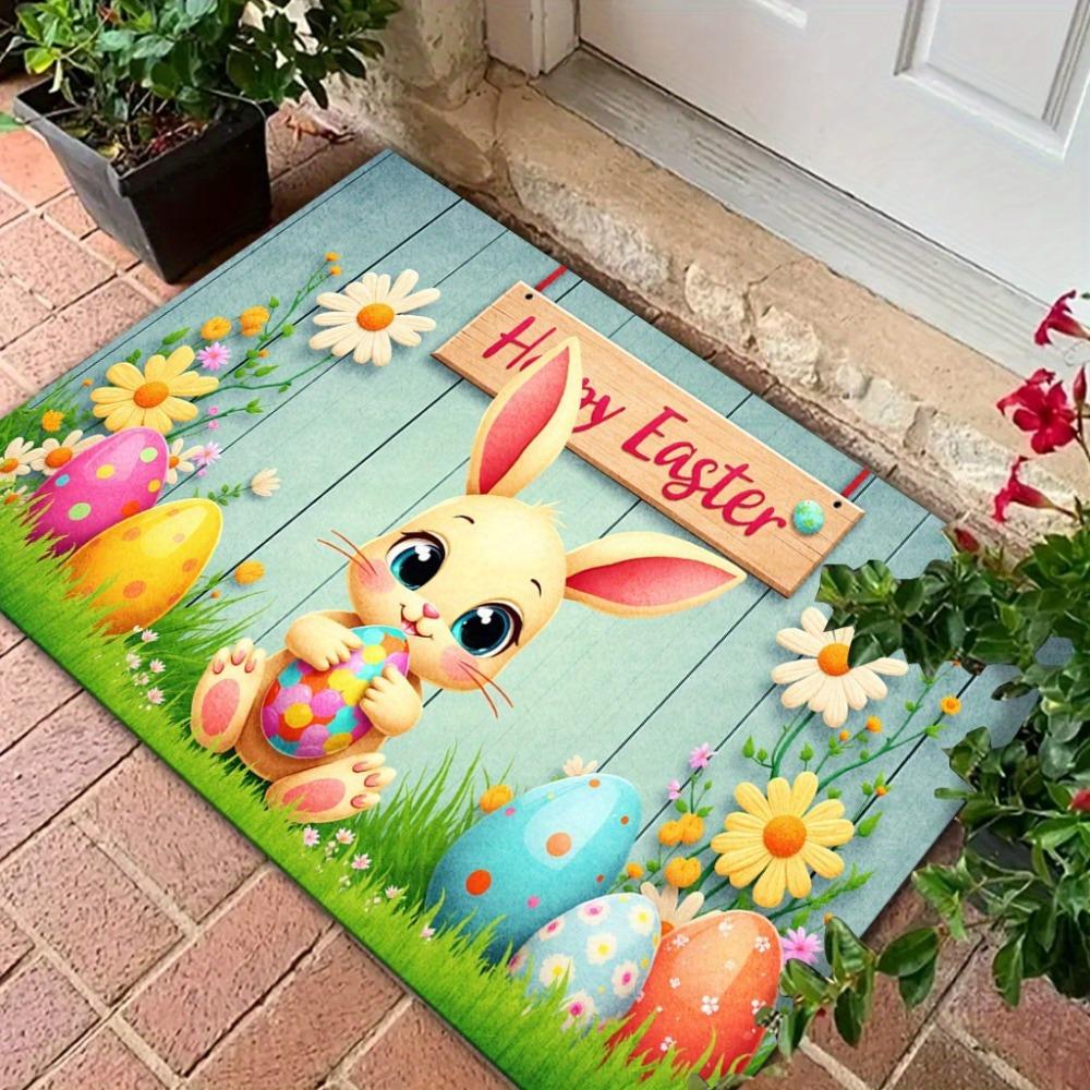 Easter Cartoon Rabbit Carpet Mat Rug with Colorful Eggs Flowers Home Porch Decoration Door Mat Festive Indoor Outdoor Floor Mat