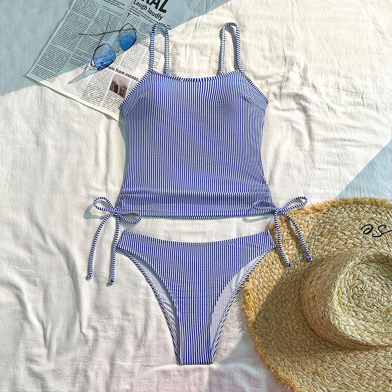 

Женский скромный купальник-бикини с высокой талией, сексуальный купальник из двух частей с драпировкой на груди, с контролем живота, в праздничную полоску, корсетный пляжный костюм L синий