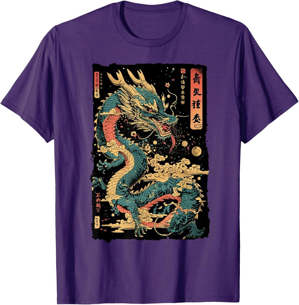 Japanese Dragon Graphic Tee Mens Casual Cotton Print Short Sleeve Crew Neck TShirt