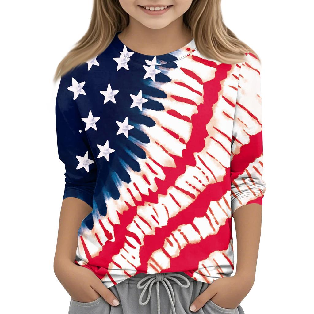 T-shirt décontracté pour enfant avec imprimé Jour de l'Indépendance, col rond, manches trois quarts