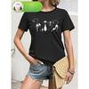 Womens Geometric Cat Floral Print Tee Round Neck Short Sleeve Breathable Regular Fit Machine Washable Summer Casual Top