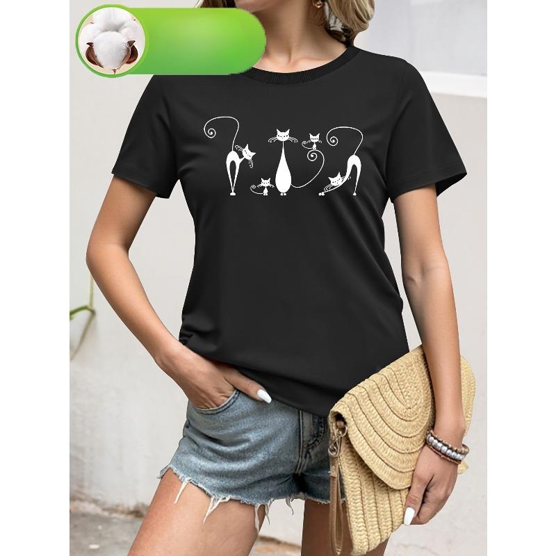 

Womens Geometric Cat Floral Print Tee Round Neck Short Sleeve Breathable Regular Fit Machine Washable Summer Casual Top 4XL чорний