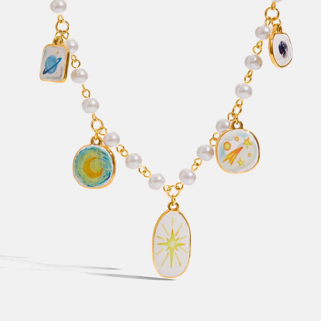 Sweet and romantic design 18K gold drip print glass pearl curved needle pendant necklace