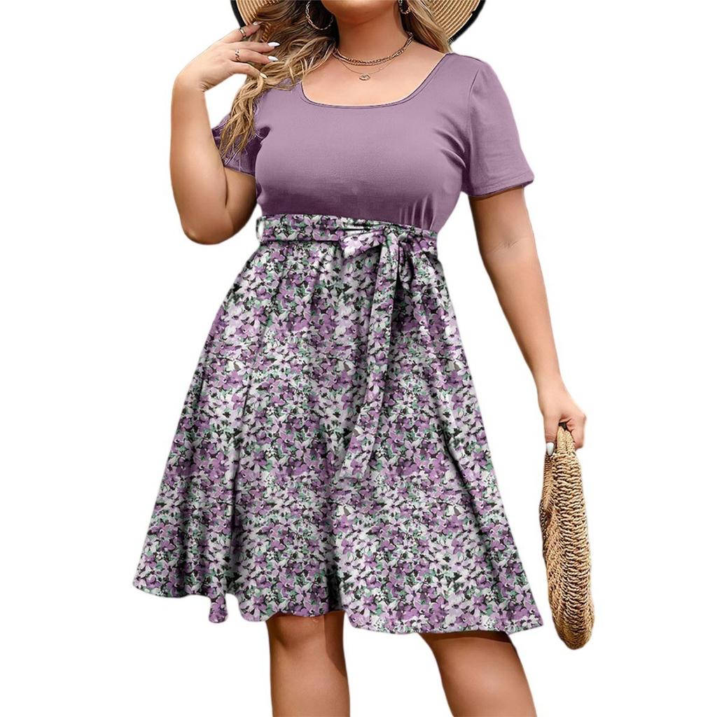 Women's Fashionable And Trendy Round Neck Short Sleeved Waist Print Dress In Plus Size