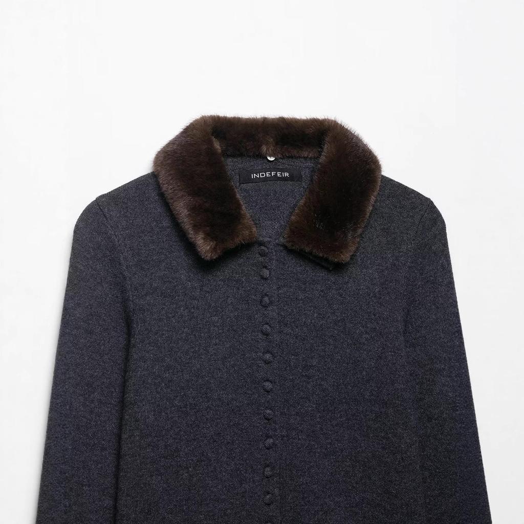 Women's Faux Fur Turn-Down Collar Knitted Cardigan - European and American Fashion