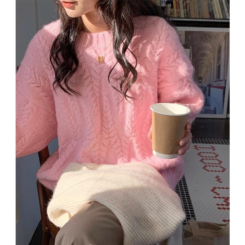 Autumn and Winter New Fashion Pink Gentle Soft Waxy Lazy Style High-end Pullover Knitted Sweater Twist Sweater Women
