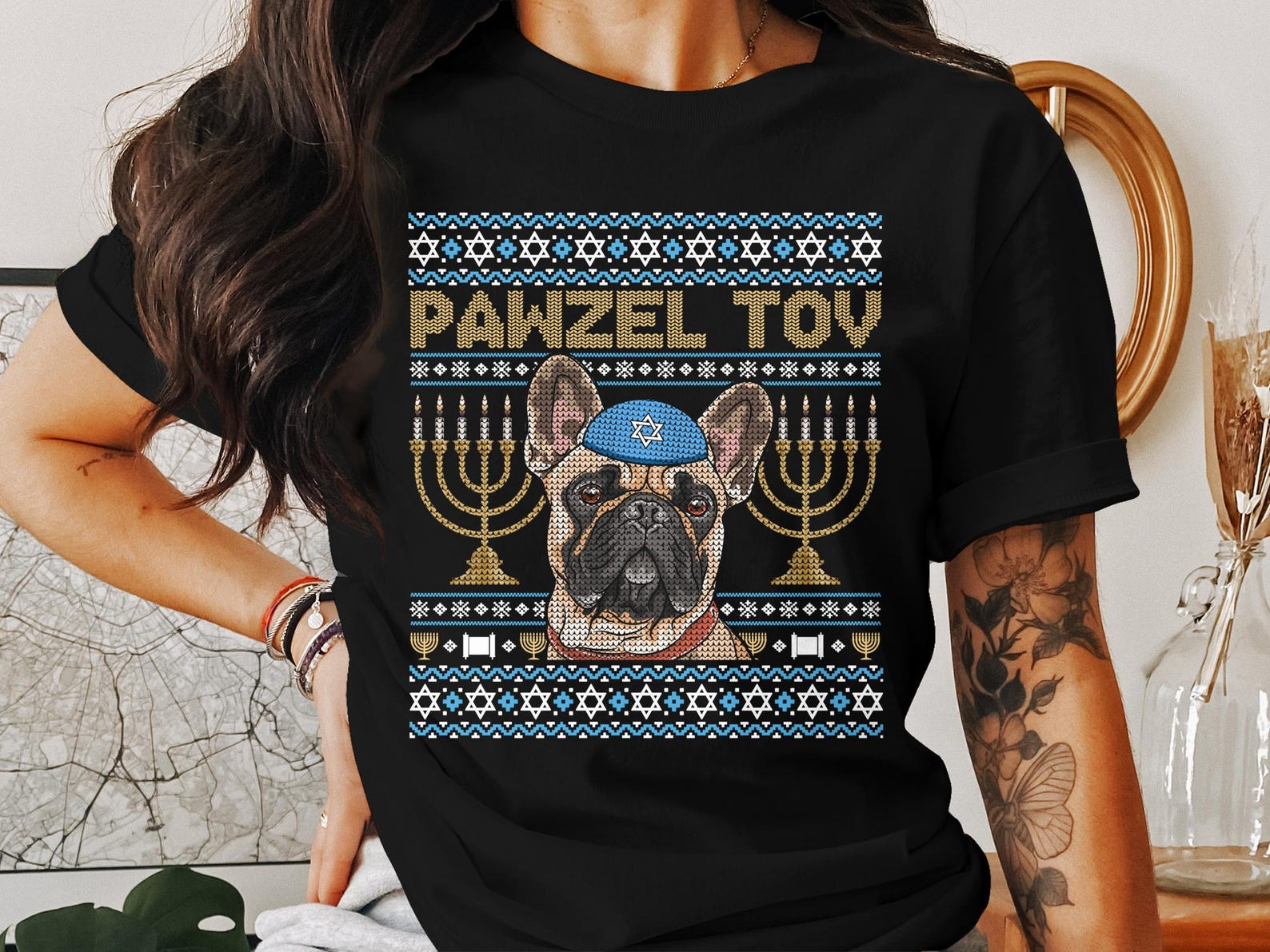 Pawzel Tov Hanukkah T-Shirt French Bulldog Menorah Hanukkah Dog Lover Holiday Tee Cute Dog Hanukkah Shirt Light Blue Dog Tee 4XL