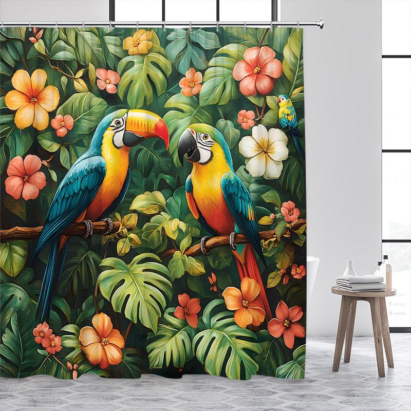 Tropical Jungle Parrot Shower Curtains Green Plant Leaves Flowers Birds Rainforest Scenery Polyester Home Bathroom Curtain Decor