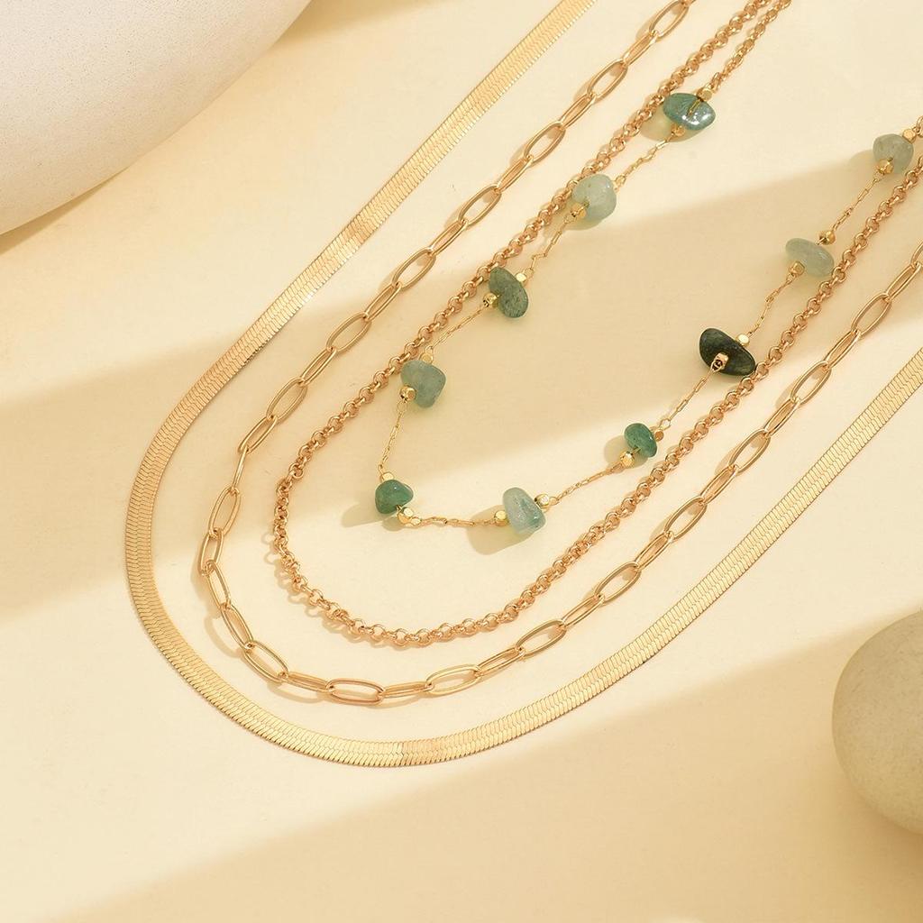 European & American Style Green Gravel Jewelry Set: Four-Piece Women's Layered Necklace and Ring Set
