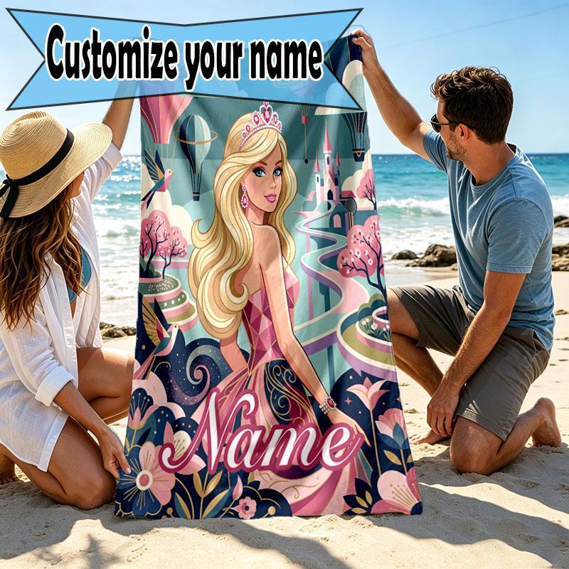 Custom Name Personalized Barbie Print Beach Towel, for Trip Camping Beach Party Home Decor, Birthday Gift for Family & Friends